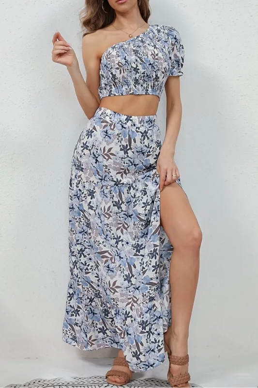 Printed Asymmetrical Cropped Top and Split Skirt Set sold by Gigi Laurent