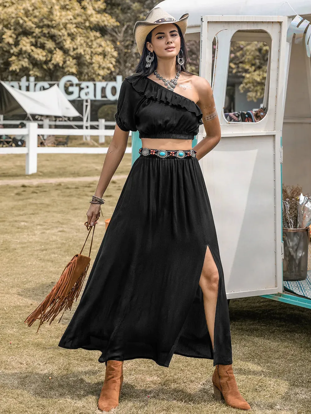 Ruffled Single Shoulder Top and Slit Skirt Set sold by Gigi Laurent product image thumbnail 5