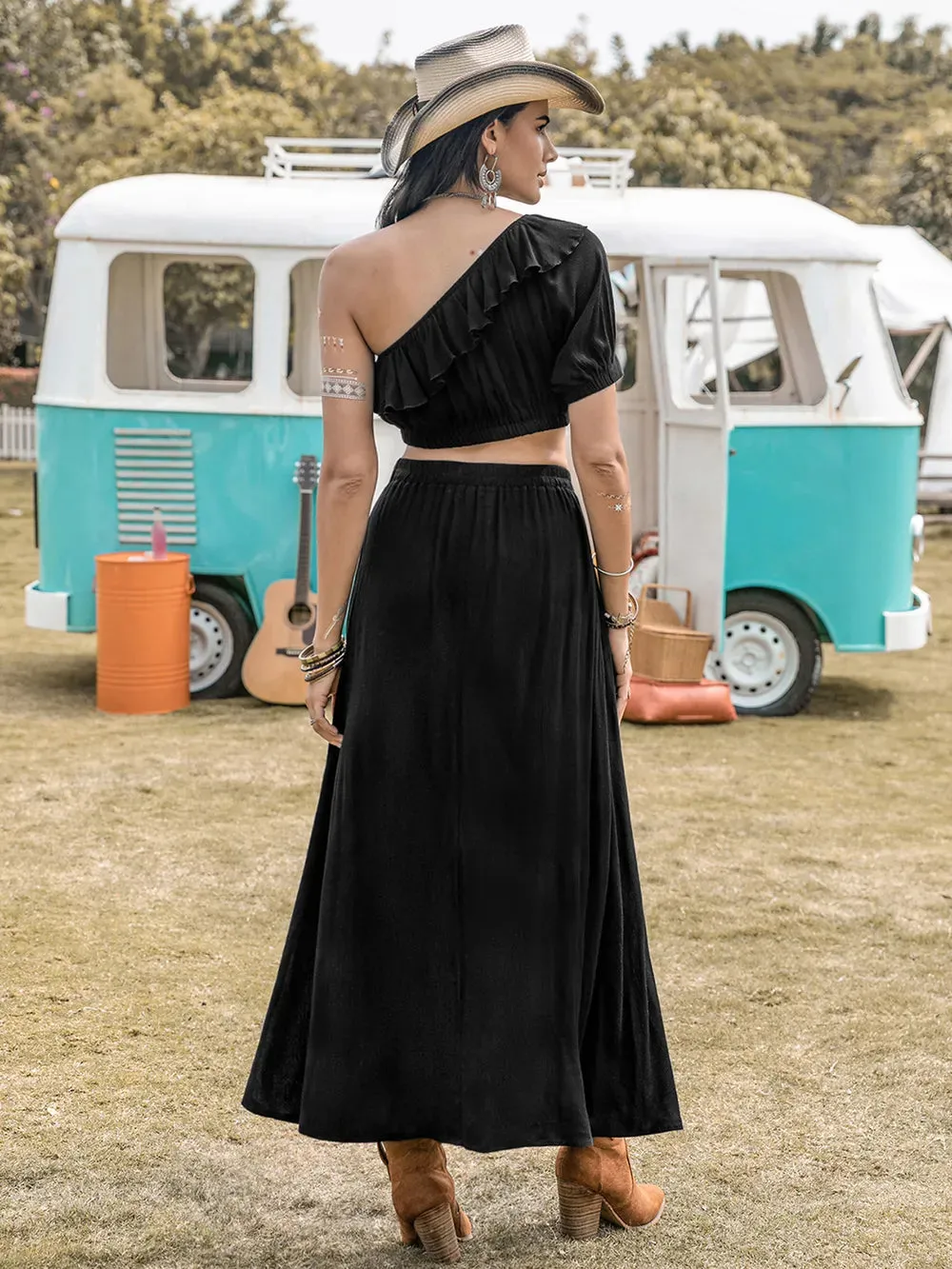 Ruffled Single Shoulder Top and Slit Skirt Set sold by Gigi Laurent product image thumbnail 2