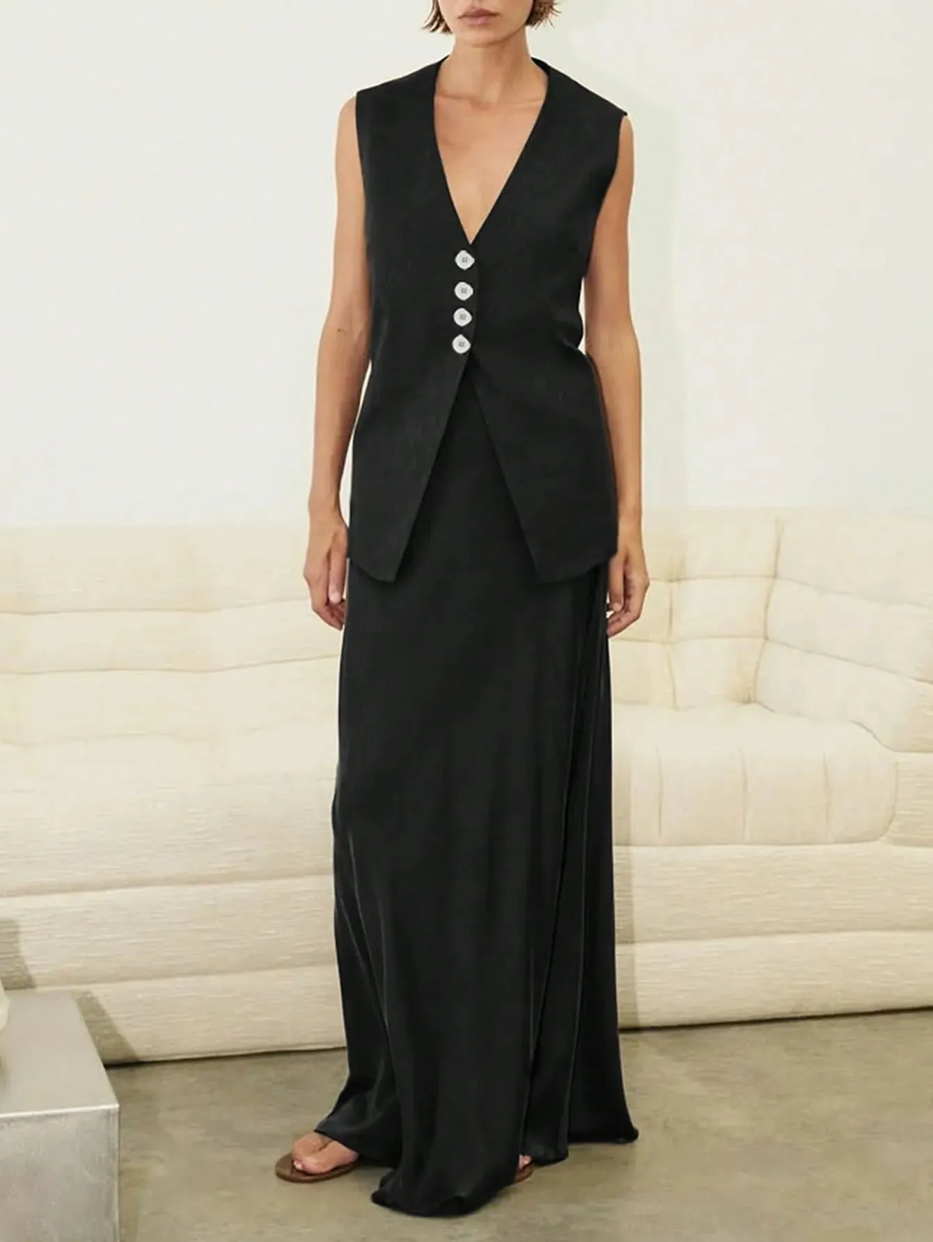 V-Neck Button Detail Vest and Skirt Two-Piece Set sold by Gigi Laurent product image thumbnail 4