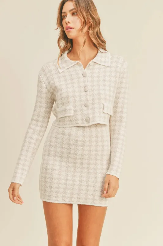 MABLE Houndstooth Cropped Knit Cardigan and Mini Skirt Set sold by Gigi Laurent