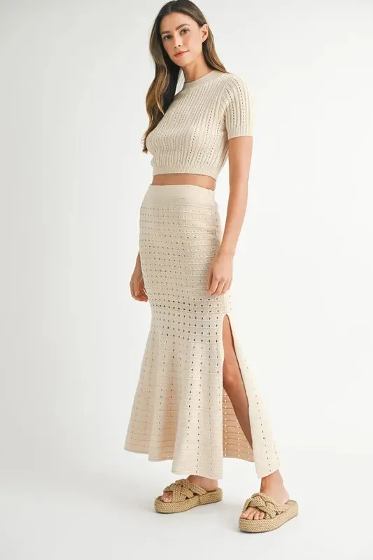 MABLE Pointelle Short Sleeve Crop Top and Slit Skirt Sweater Set sold by Gigi Laurent product image thumbnail 3
