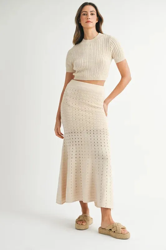 MABLE Pointelle Short Sleeve Crop Top and Slit Skirt Sweater Set sold by Gigi Laurent