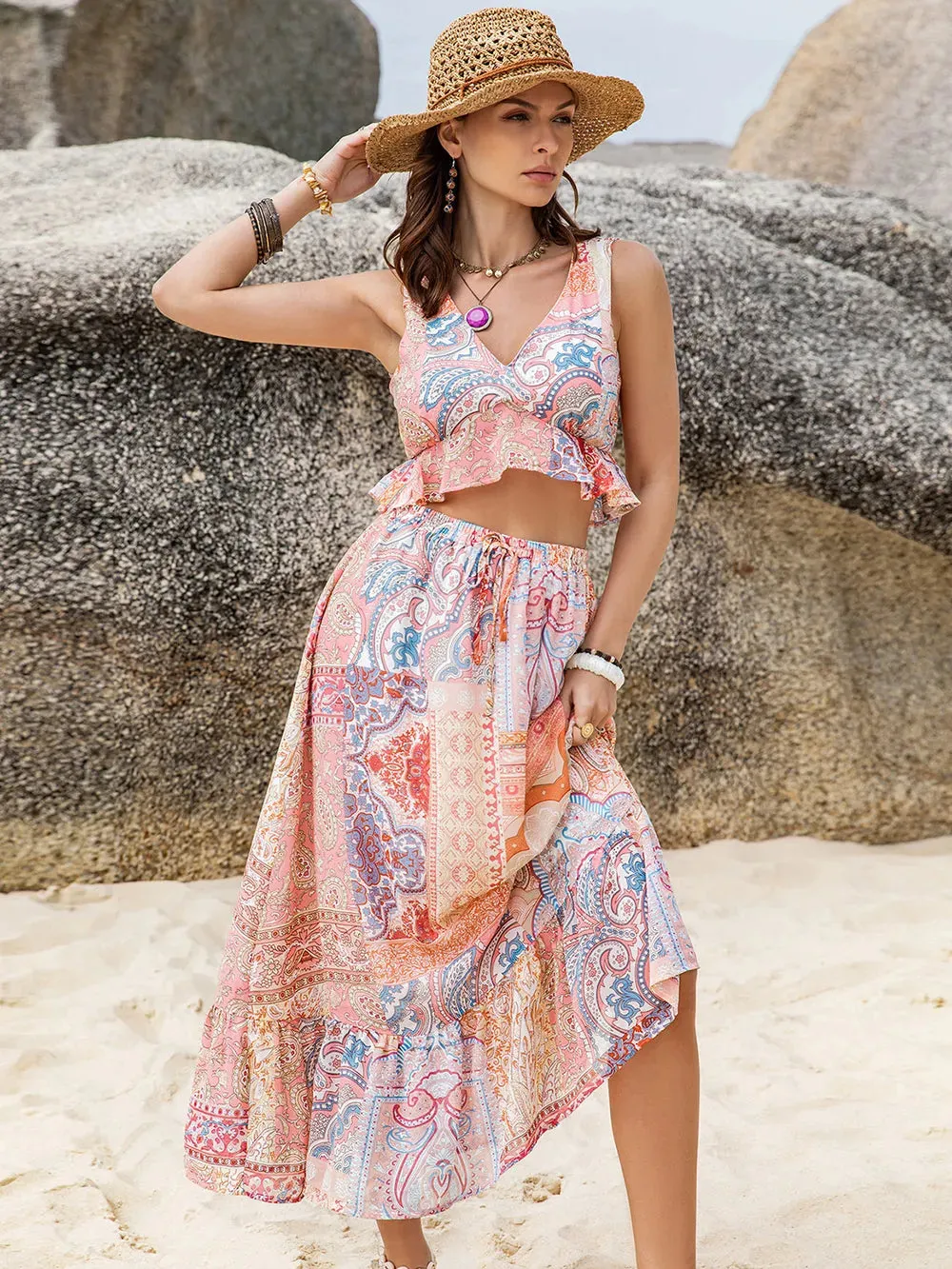 Printed V-Neck Top and Midi Skirt Set sold by Gigi Laurent product image thumbnail 3