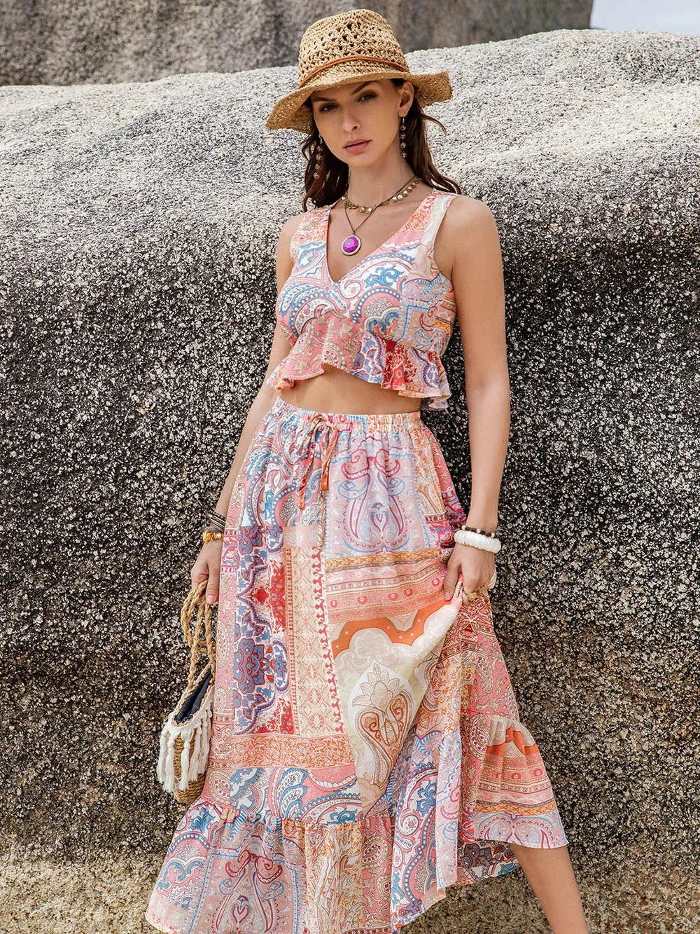 Printed V-Neck Top and Midi Skirt Set sold by Gigi Laurent product image thumbnail 4