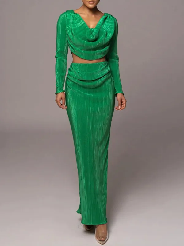 Ruched Cowl Neck Top and Maxi Skirt Set sold by Gigi Laurent
