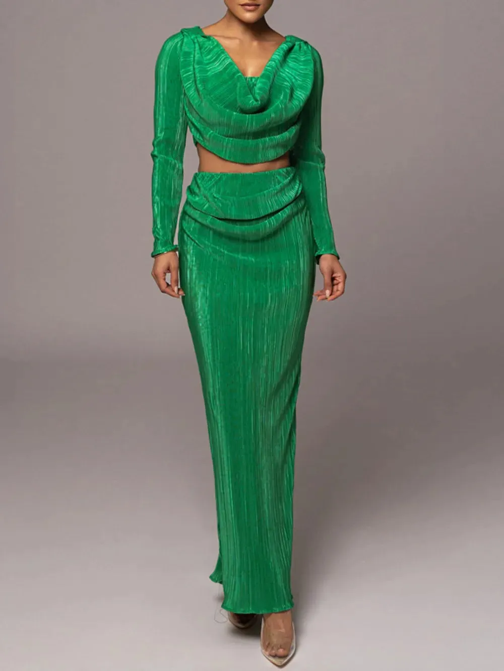 Ruched Cowl Neck Top and Maxi Skirt Set sold by Gigi Laurent