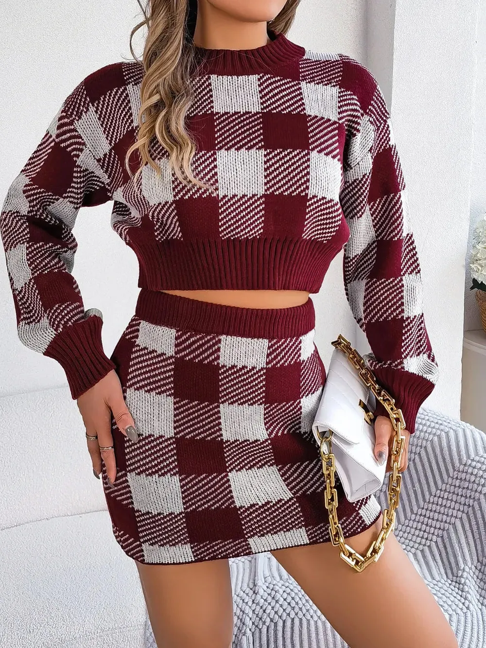 Plaid Round Neck Top and Skirt Sweater Set sold by Gigi Laurent product image thumbnail 5