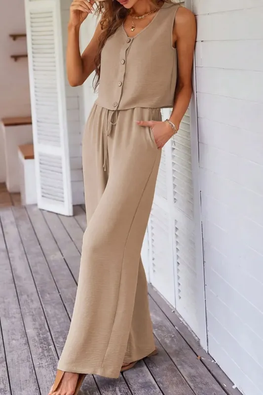 Button Down Vest and Drawstring Wide Leg Pants Set sold by Gigi Laurent