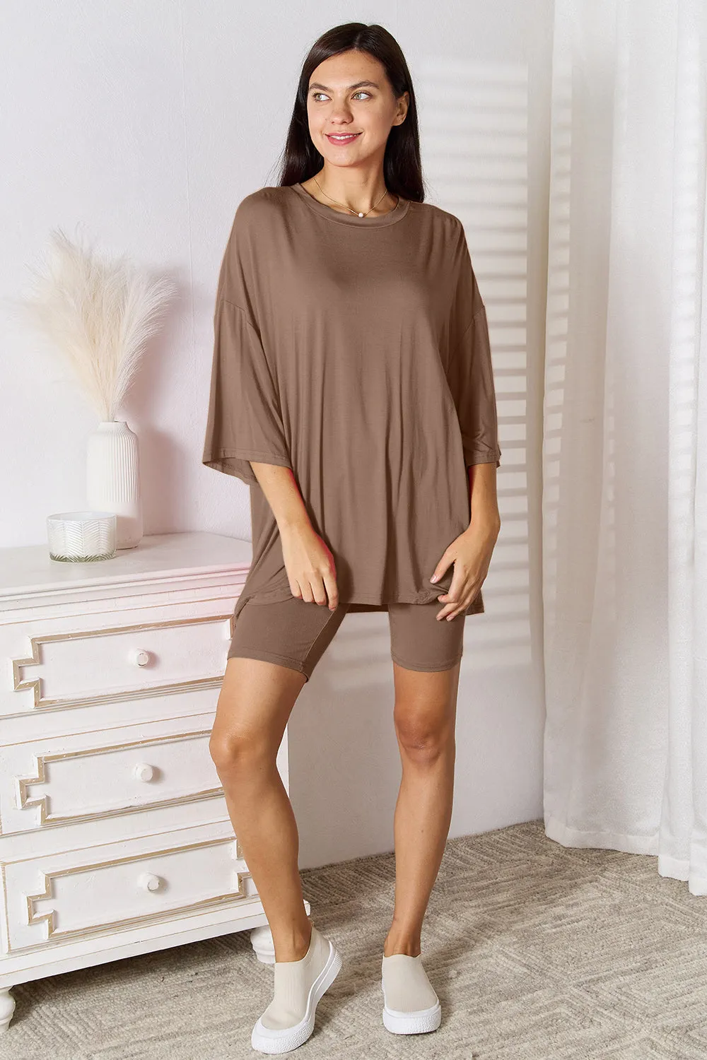 Basic Bae Full Size Soft Rayon Three-Quarter Sleeve Top and Shorts Set sold by Gigi Laurent