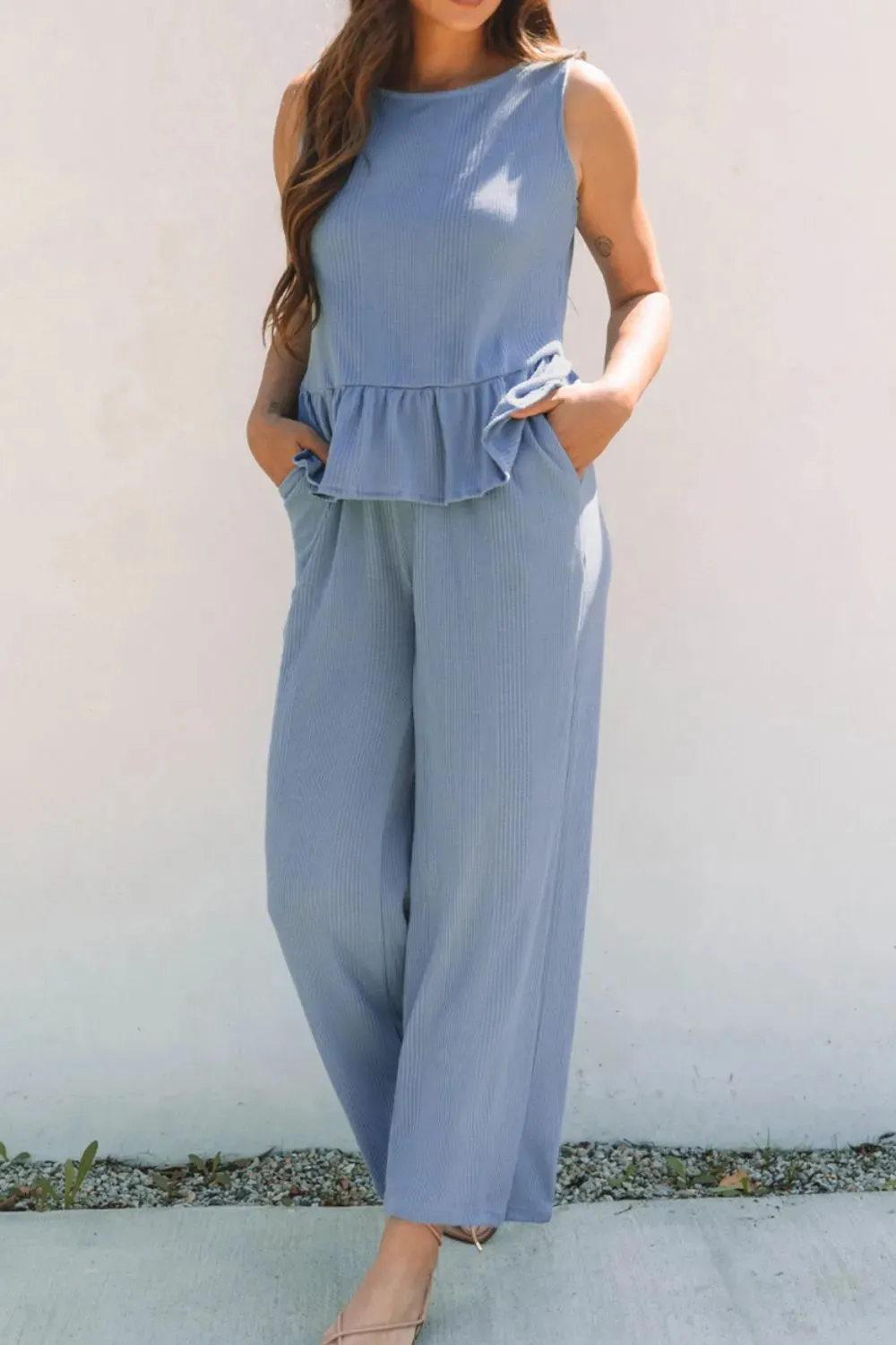 Color Ribbed Ruffle Tank Top and Pants Set sold by Gigi Laurent product image thumbnail 3