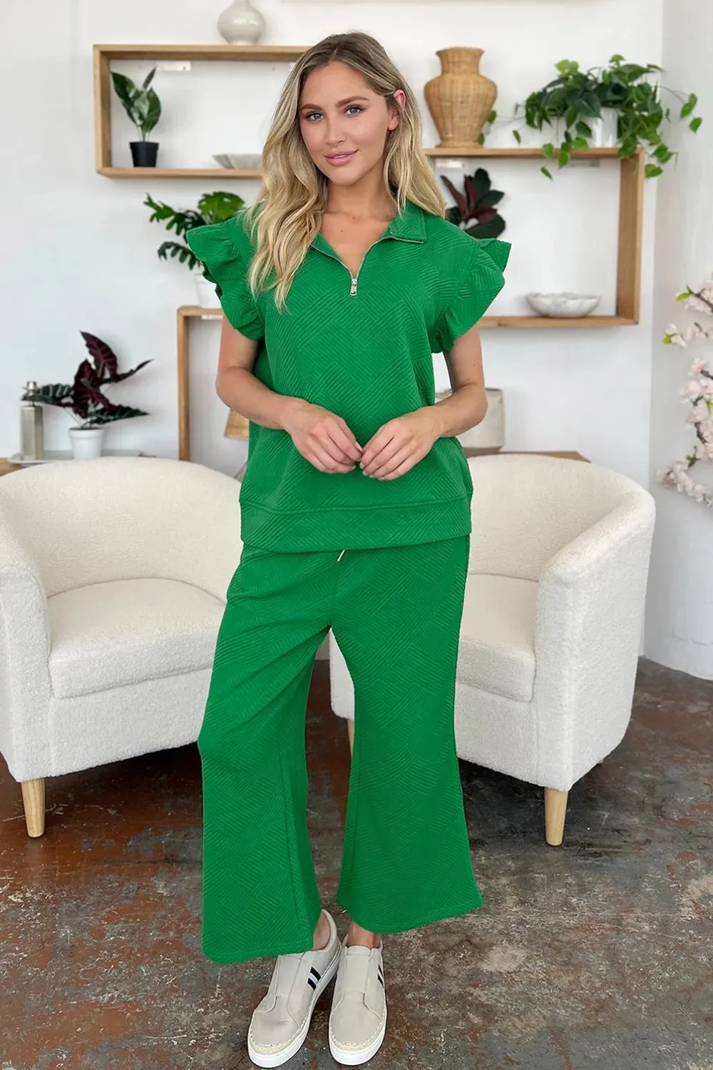 Double Take Texture Ruffle Short Sleeve Top and Drawstring Wide Leg Pants Set sold by Gigi Laurent product image thumbnail 5
