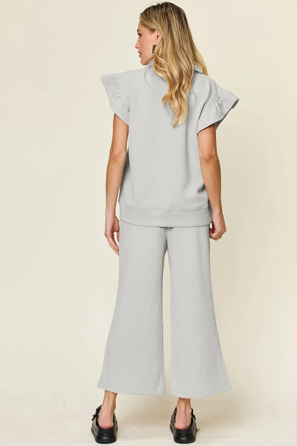 Double Take Texture Ruffle Short Sleeve Top and Drawstring Wide Leg Pants Set sold by Gigi Laurent product image thumbnail 3