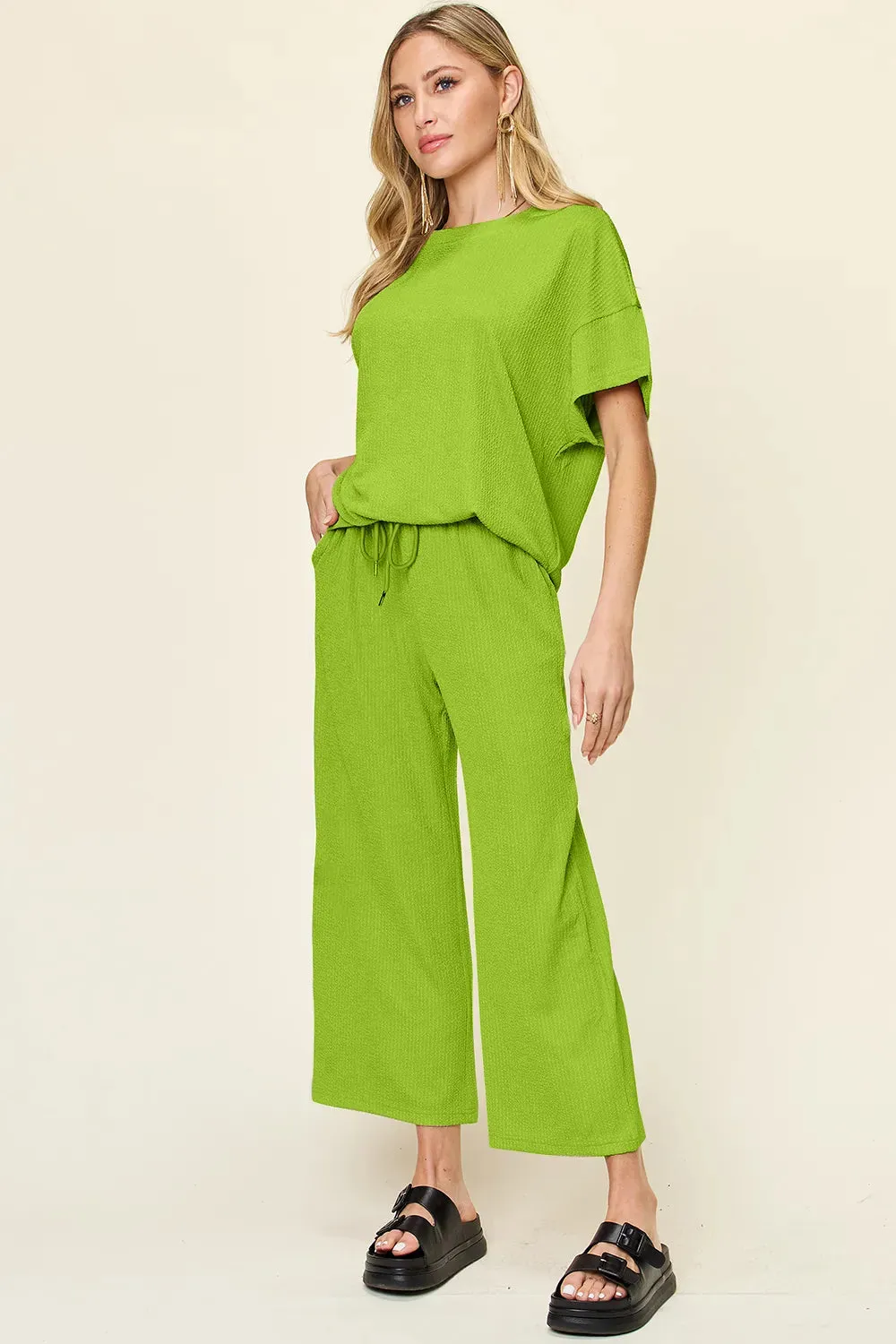 Double Take Full Size Texture Round Neck Short Sleeve T-Shirt and Wide Leg Pants sold by Gigi Laurent product image thumbnail 2