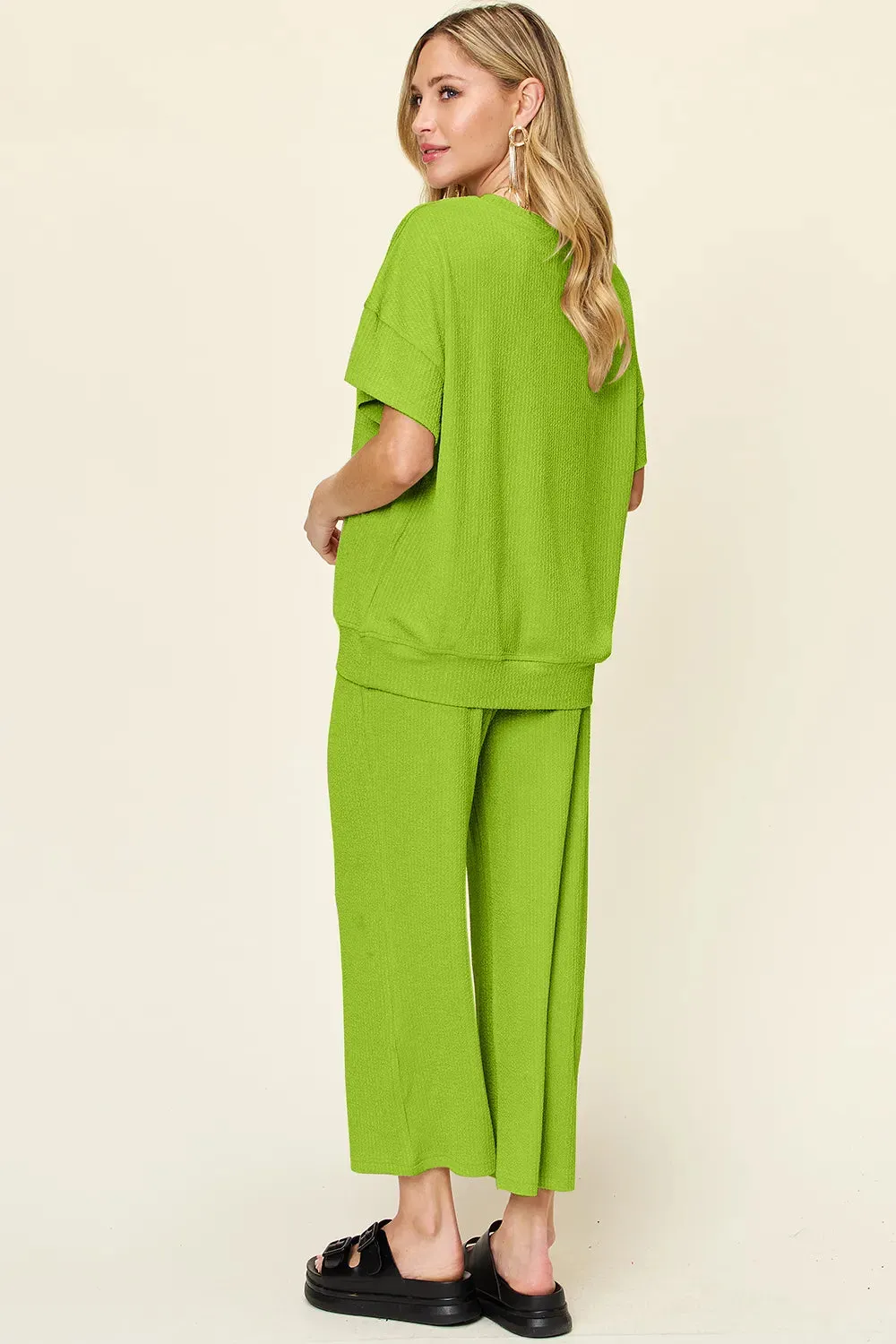 Double Take Full Size Texture Round Neck Short Sleeve T-Shirt and Wide Leg Pants sold by Gigi Laurent product image thumbnail 3