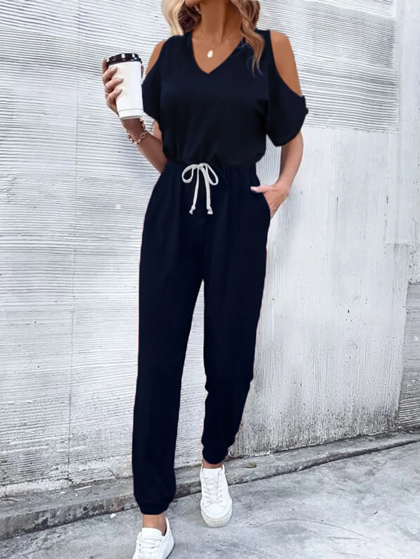 V-Neck Cold-Shoulder Jumpsuit with Pockets sold by Gigi Laurent product image thumbnail 4