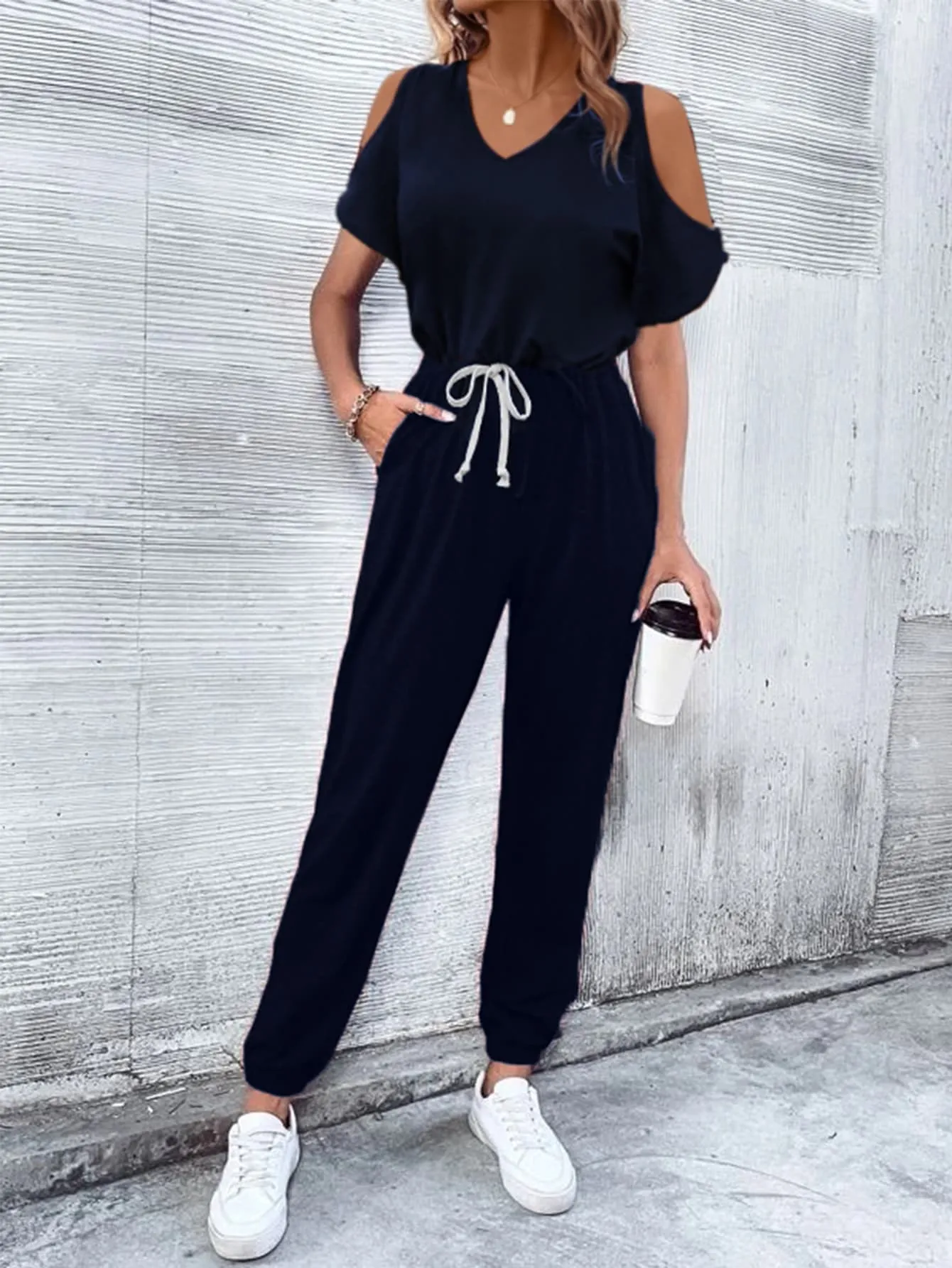 V-Neck Cold-Shoulder Jumpsuit with Pockets sold by Gigi Laurent product image thumbnail 3