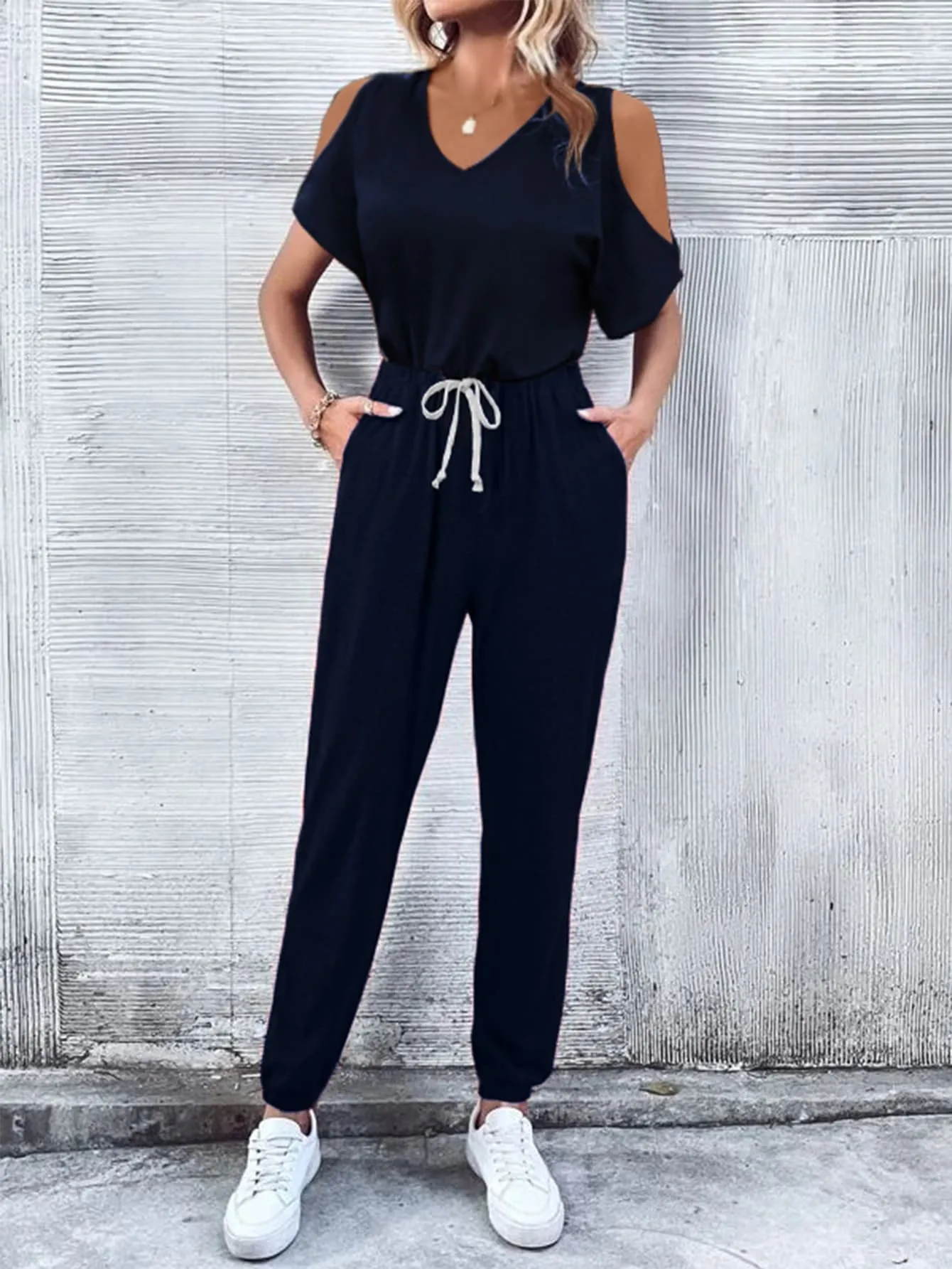 V-Neck Cold-Shoulder Jumpsuit with Pockets sold by Gigi Laurent