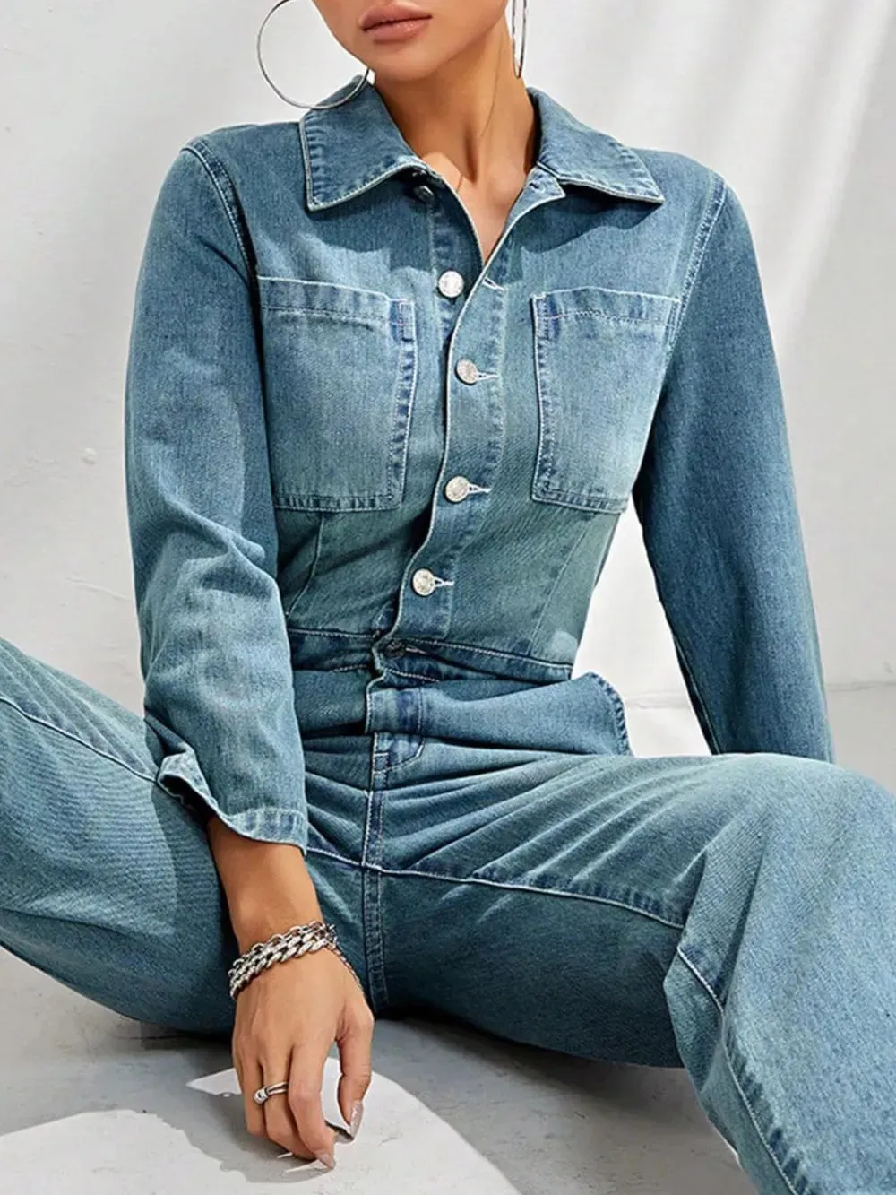 Half Button Long Sleeve Straight Leg Denim Jumpsuit sold by Gigi Laurent product image thumbnail 5