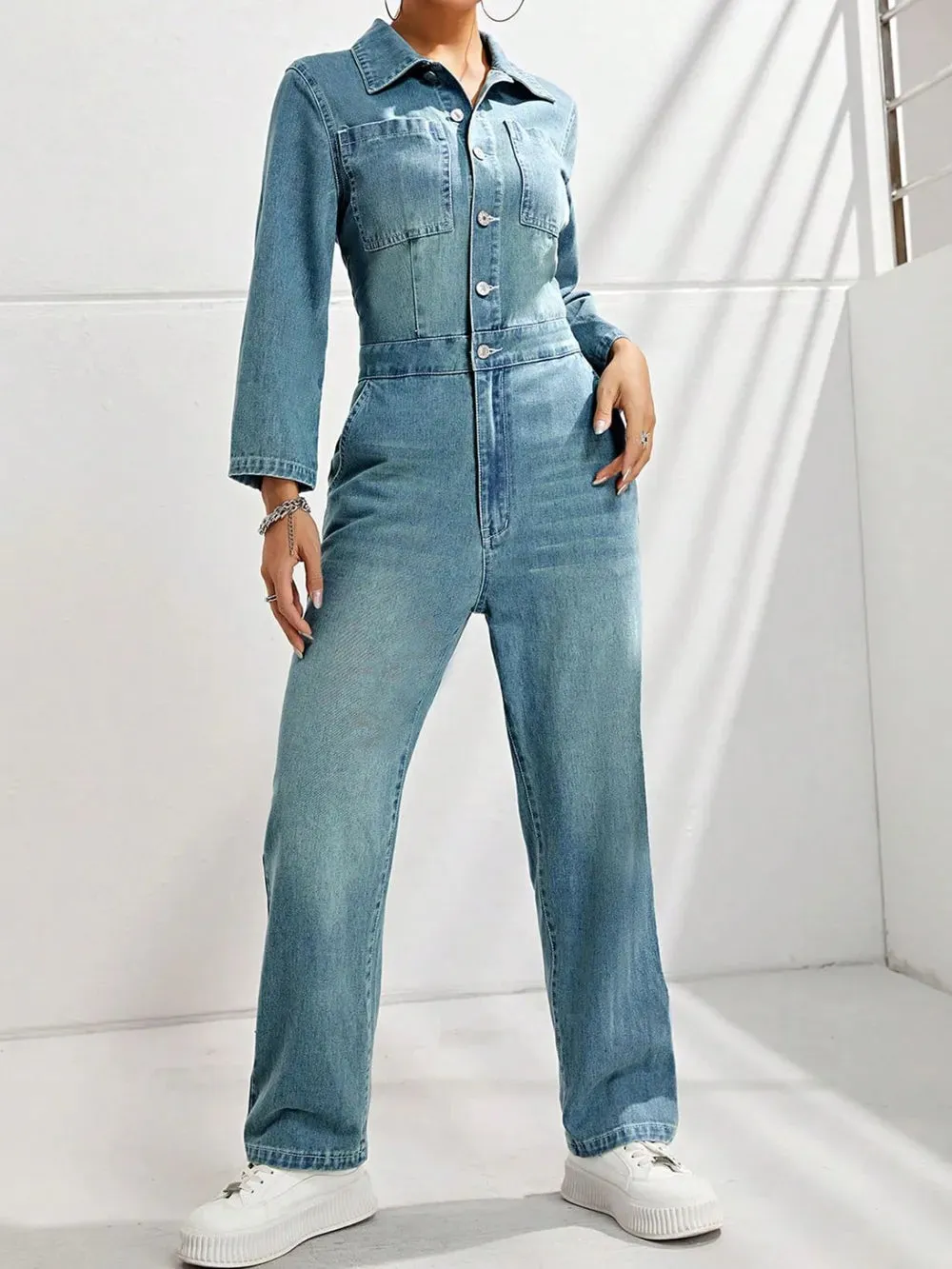 Half Button Long Sleeve Straight Leg Denim Jumpsuit sold by Gigi Laurent
