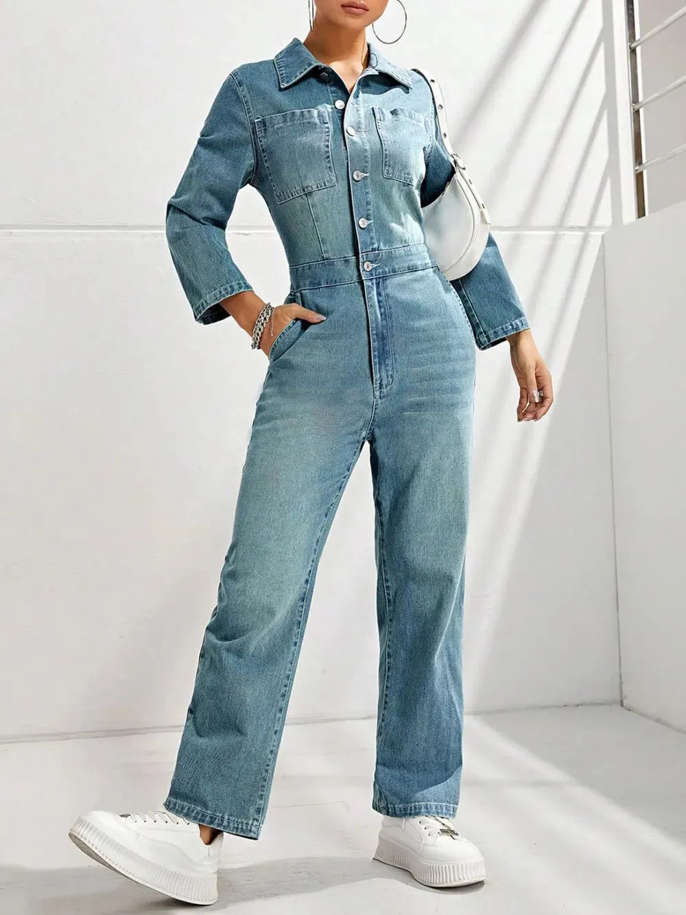 Half Button Long Sleeve Straight Leg Denim Jumpsuit sold by Gigi Laurent product image thumbnail 4
