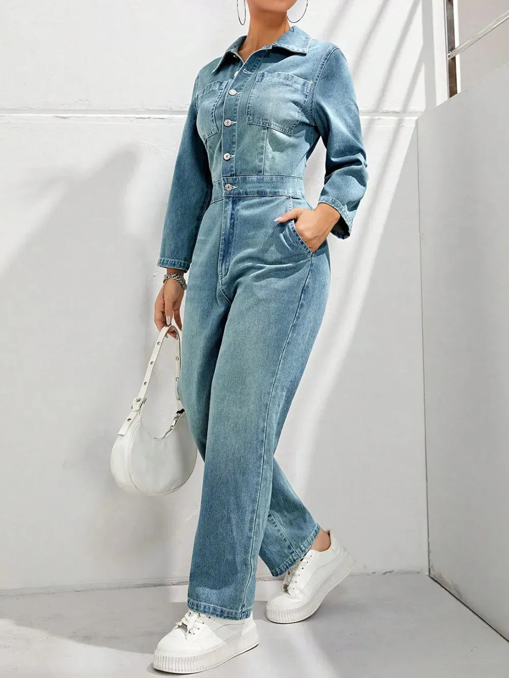 Half Button Long Sleeve Straight Leg Denim Jumpsuit sold by Gigi Laurent product image thumbnail 3