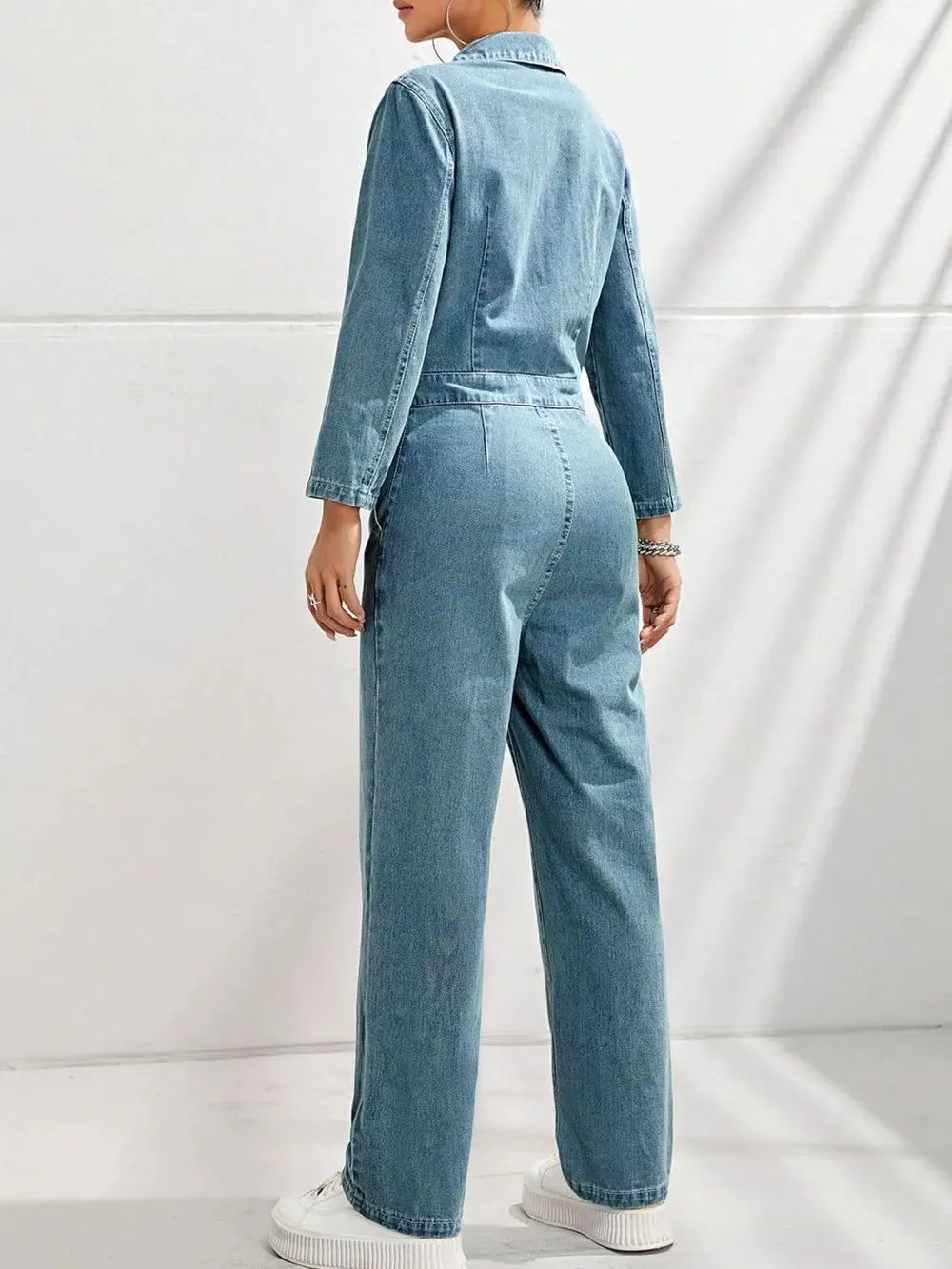 Half Button Long Sleeve Straight Leg Denim Jumpsuit sold by Gigi Laurent product image thumbnail 2