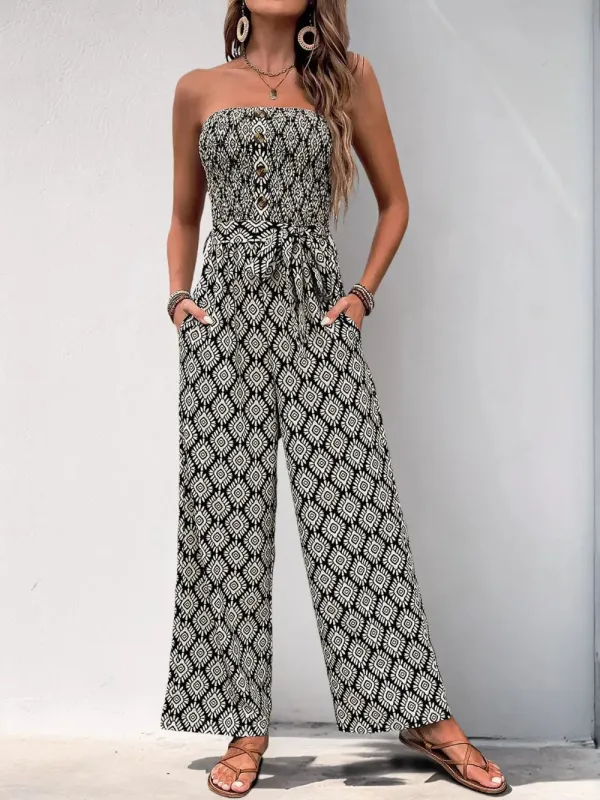 Perfee Printed Smocked Sleeveless Jumpsuit sold by Gigi Laurent