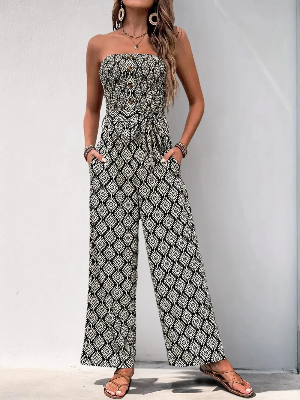 Perfee Printed Smocked Sleeveless Jumpsuit sold by Gigi Laurent