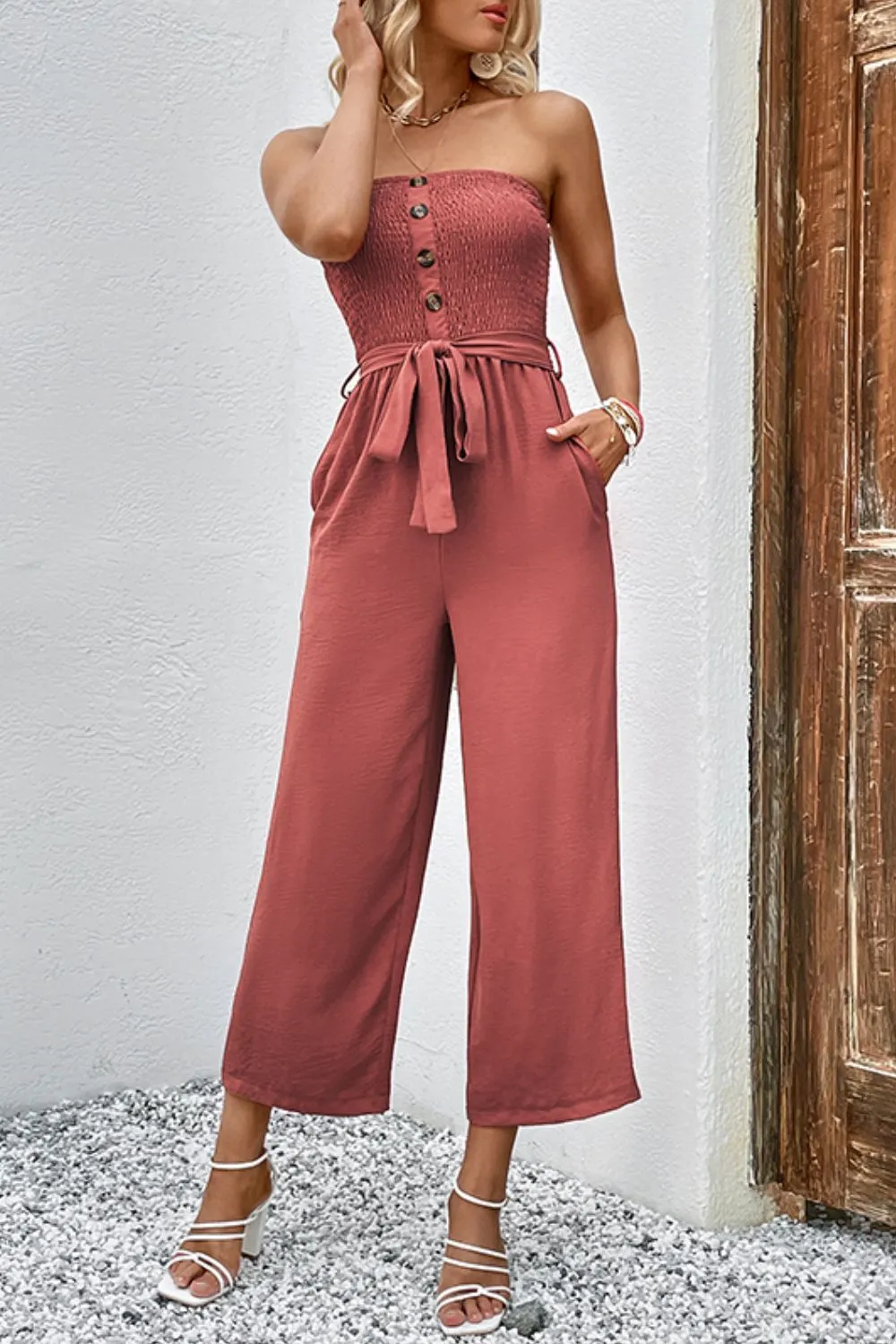 Perfee Decorative Button Strapless Smocked Jumpsuit with Pockets sold by Gigi Laurent product image thumbnail 4