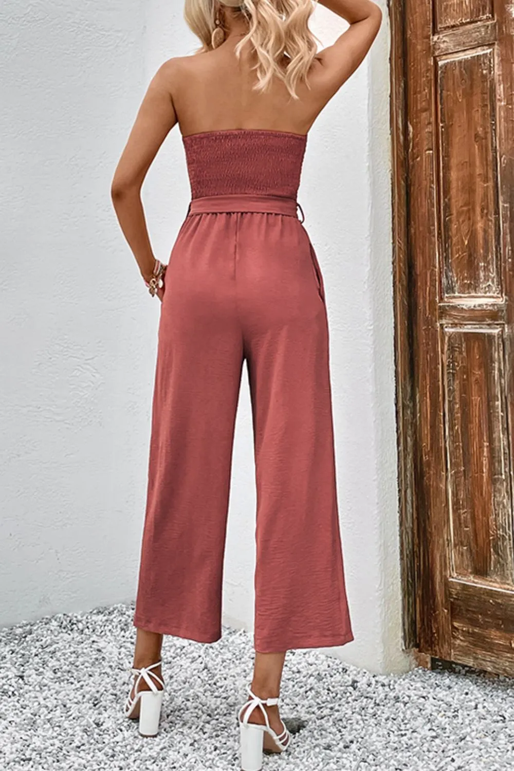 Perfee Decorative Button Strapless Smocked Jumpsuit with Pockets sold by Gigi Laurent product image thumbnail 2