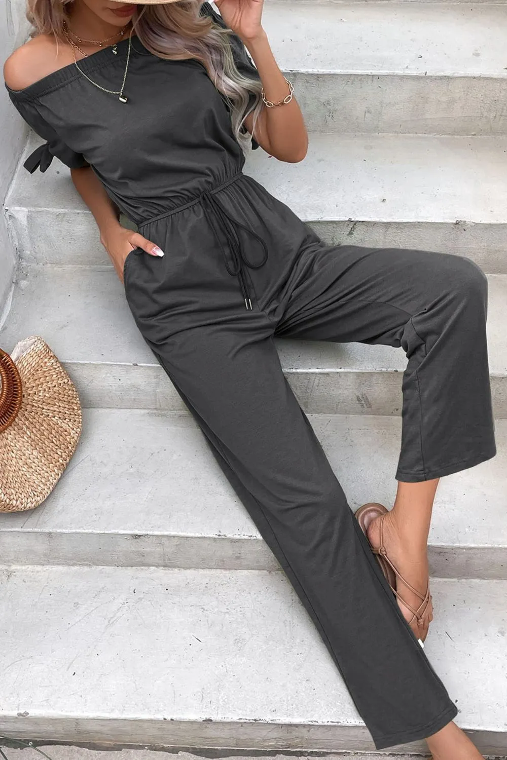 Perfee Off-Shoulder Tie Cuff Jumpsuit with Pockets sold by Gigi Laurent product image thumbnail 5