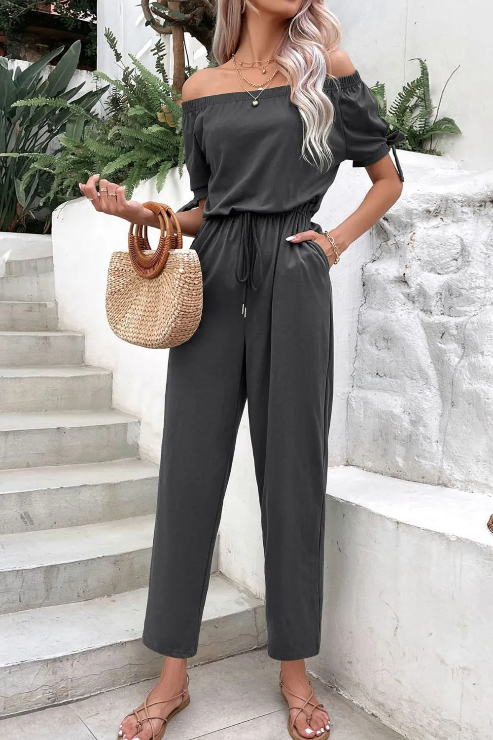 Perfee Off-Shoulder Tie Cuff Jumpsuit with Pockets sold by Gigi Laurent product image thumbnail 3