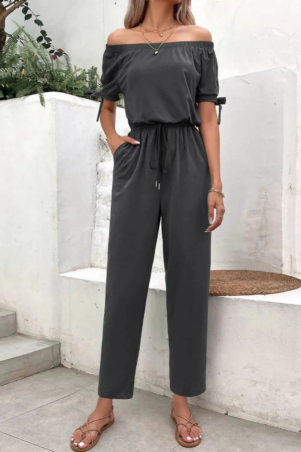 Perfee Off-Shoulder Tie Cuff Jumpsuit with Pockets sold by Gigi Laurent product image thumbnail 2
