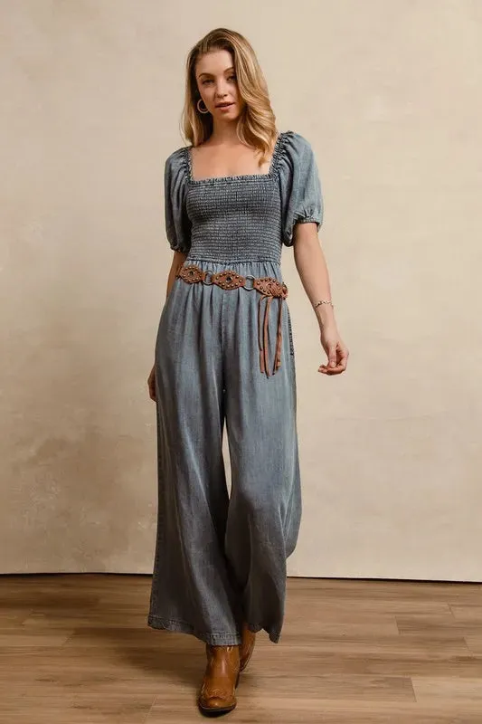 BiBi Smocked Washed Puff Sleeve Square Neck Denim Jumpsuit sold by Gigi Laurent product image thumbnail 4