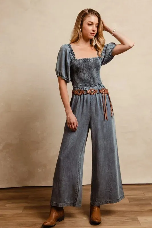 BiBi Smocked Washed Puff Sleeve Square Neck Denim Jumpsuit sold by Gigi Laurent product image thumbnail 2