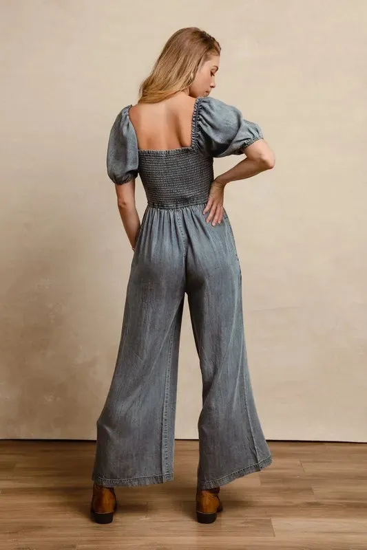 BiBi Smocked Washed Puff Sleeve Square Neck Denim Jumpsuit sold by Gigi Laurent product image thumbnail 5