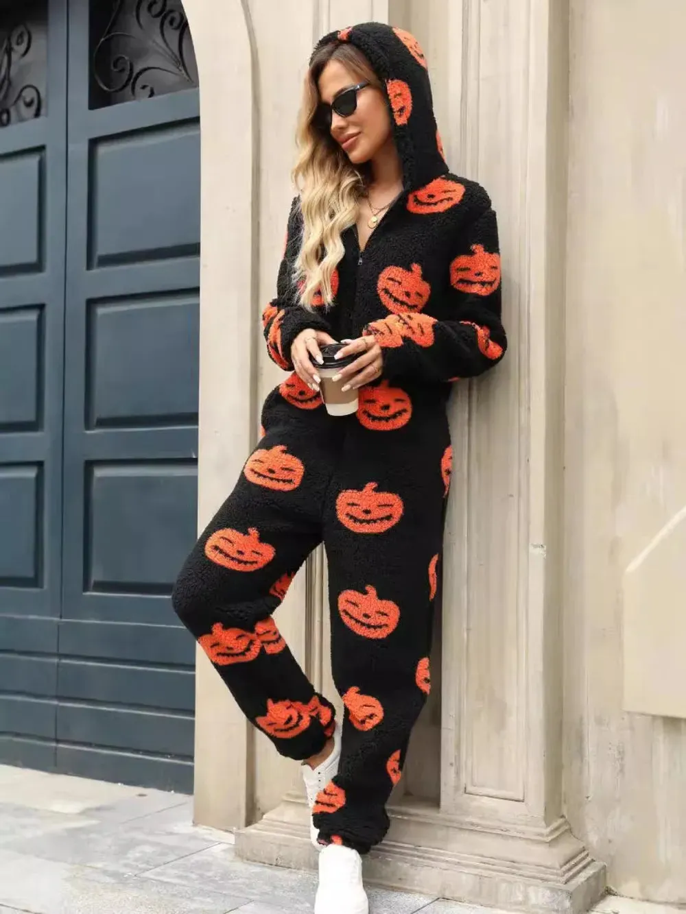 Fuzzy Pumpkin Half Zip Hooded Jumpsuit sold by Gigi Laurent product image thumbnail 4