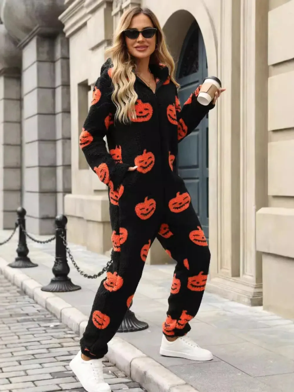 Fuzzy Pumpkin Half Zip Hooded Jumpsuit sold by Gigi Laurent product image thumbnail 3