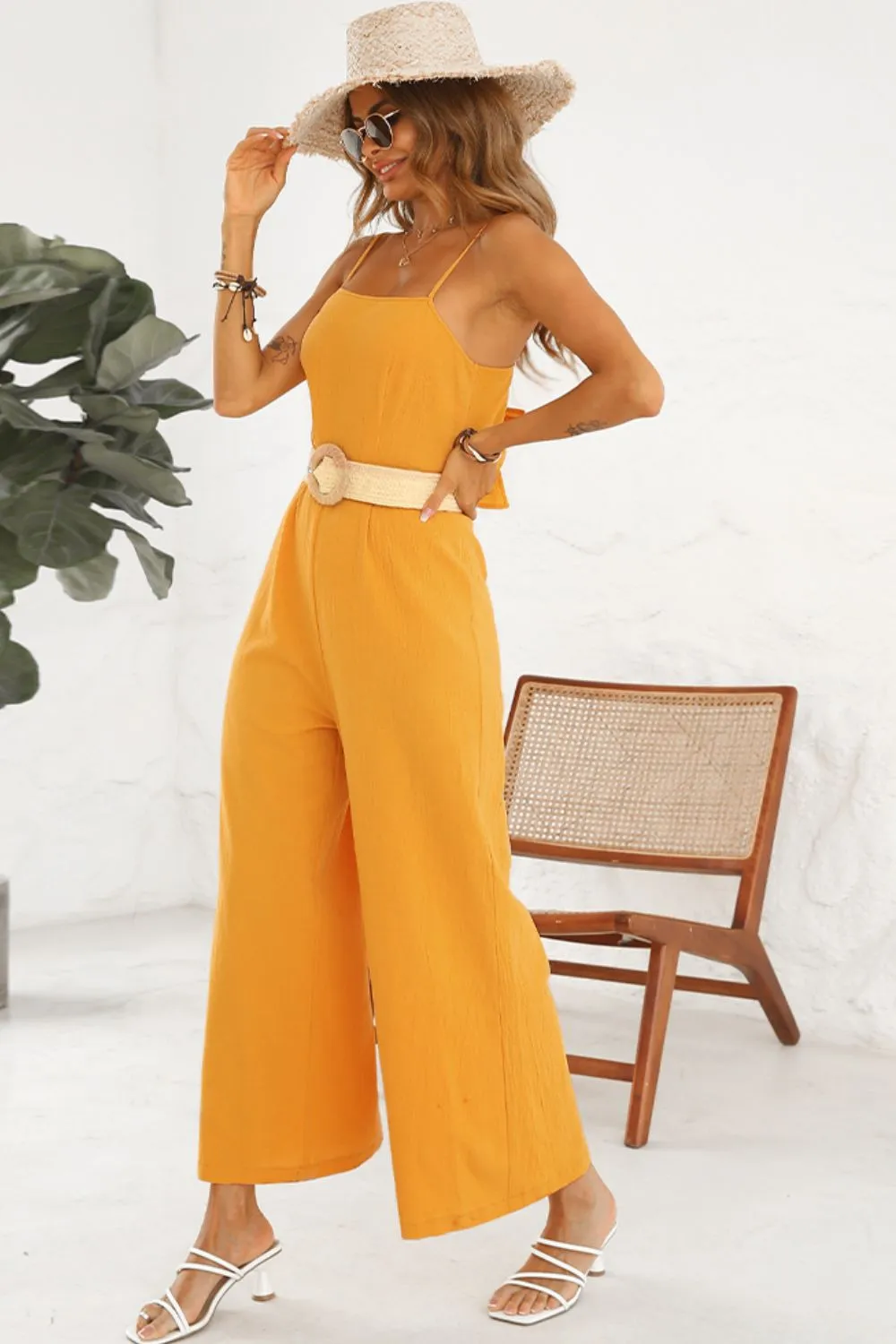 Shiny Cutout Spaghetti Strap Tie Back Wide Leg Jumpsuit sold by Gigi Laurent product image thumbnail 3