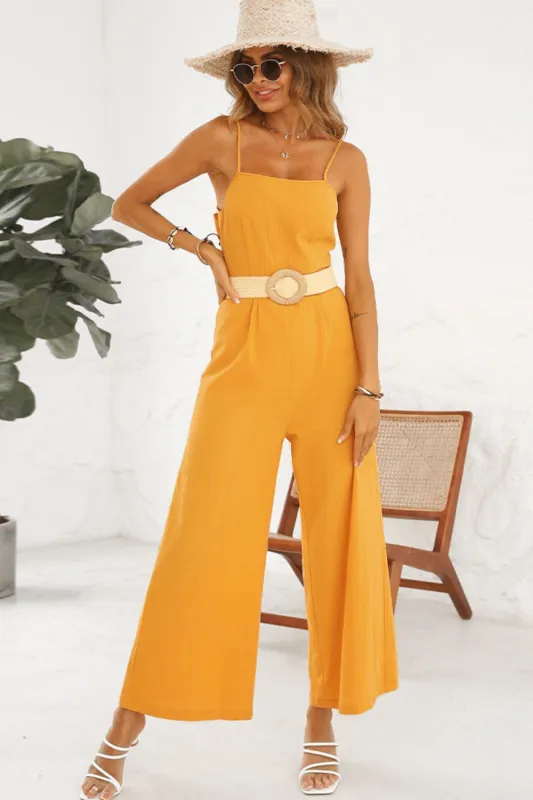 Shiny Cutout Spaghetti Strap Tie Back Wide Leg Jumpsuit sold by Gigi Laurent