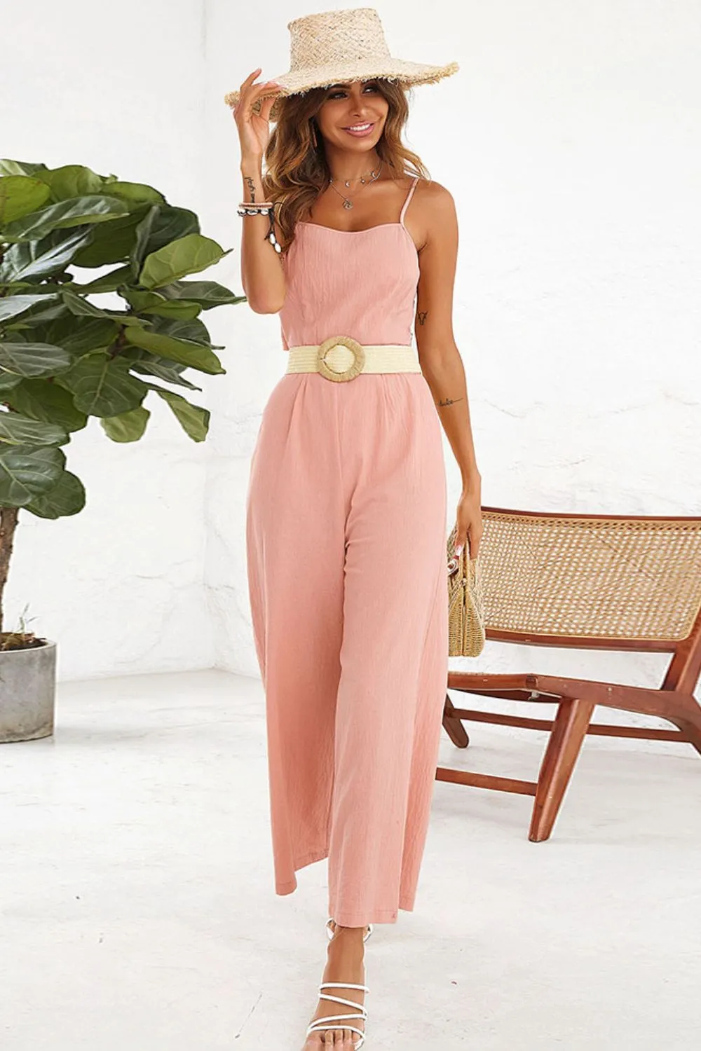 Shiny Cutout Spaghetti Strap Tie Back Wide Leg Jumpsuit sold by Gigi Laurent product image thumbnail 4