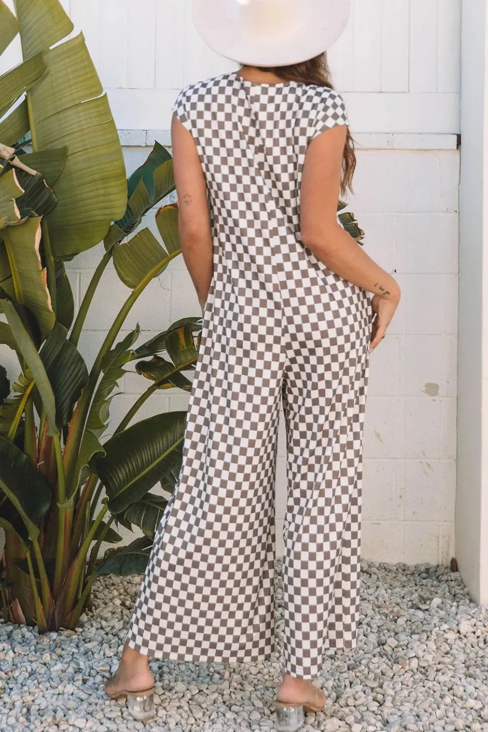 Checkered Print Crew Neck Wide Leg Jumpsuit sold by Gigi Laurent product image thumbnail 3