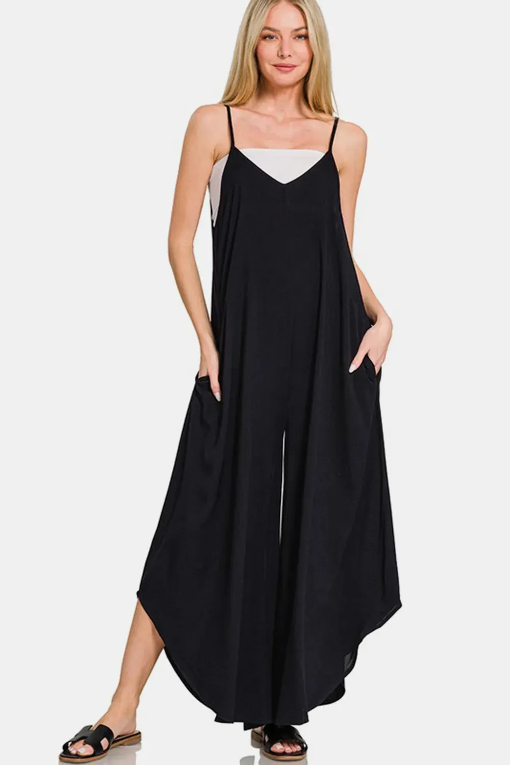Zenana Spaghetti Strap Wide Leg Overalls with Pockets sold by Gigi Laurent