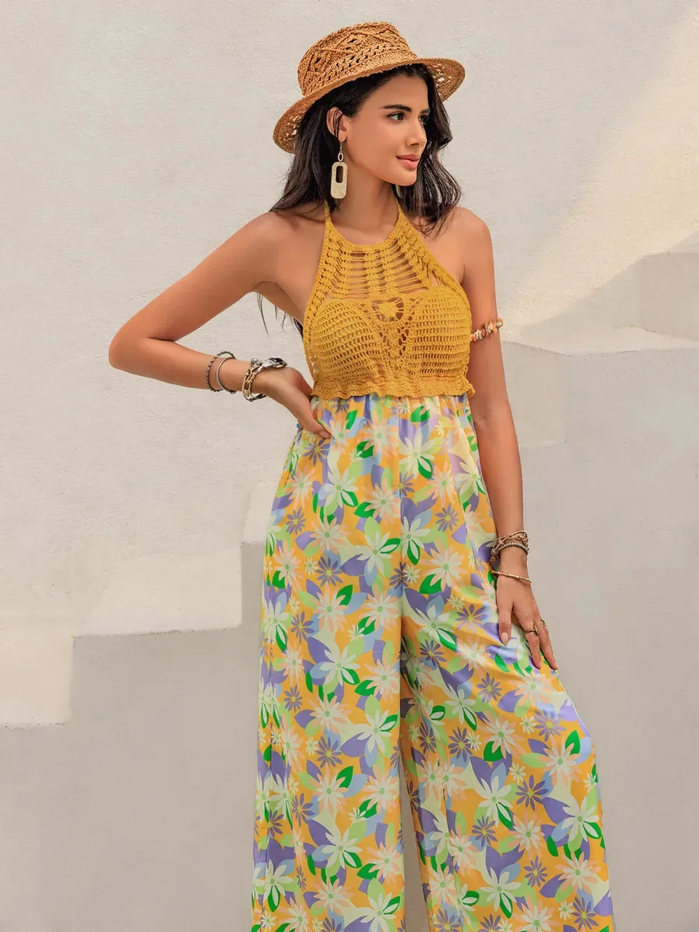Openwork Halter Neck Floral Wide Leg Jumpsuit sold by Gigi Laurent product image thumbnail 3