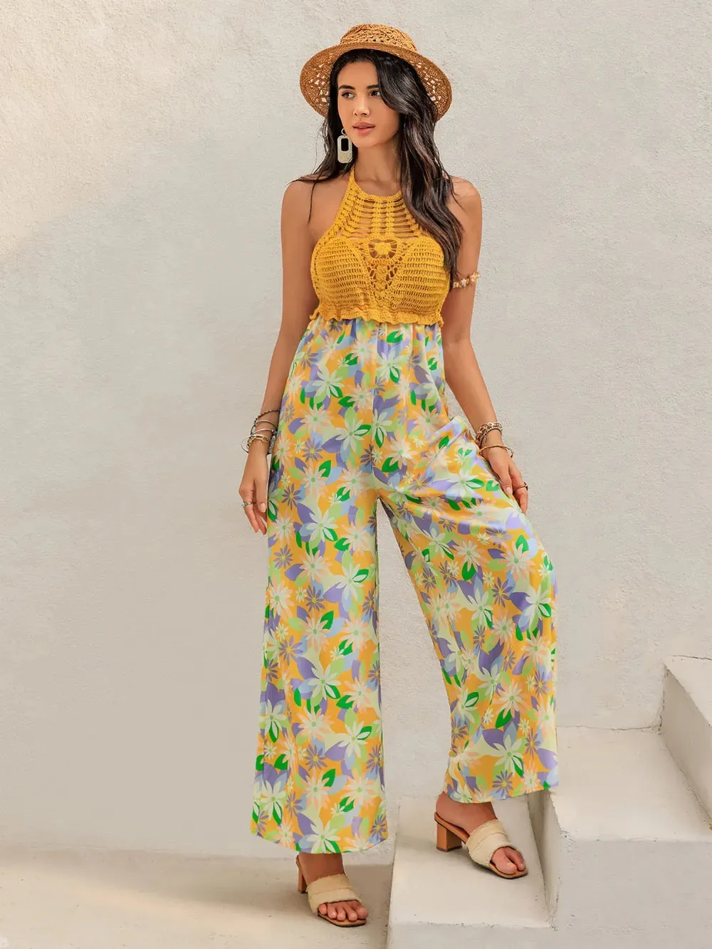 Openwork Halter Neck Floral Wide Leg Jumpsuit sold by Gigi Laurent product image thumbnail 2