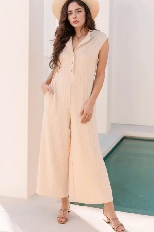 Textured Button Front Wide Leg Cap Sleeve Jumpsuit sold by Gigi Laurent