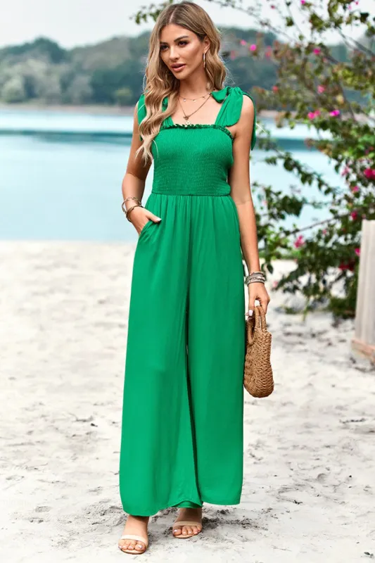 Devine Frill Trim Tie Shoulder Wide Leg Jumpsuit with Pockets sold by Gigi Laurent