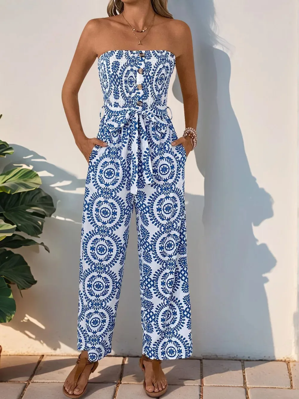 Perfee Smocked Tube Wide Leg Jumpsuit sold by Gigi Laurent