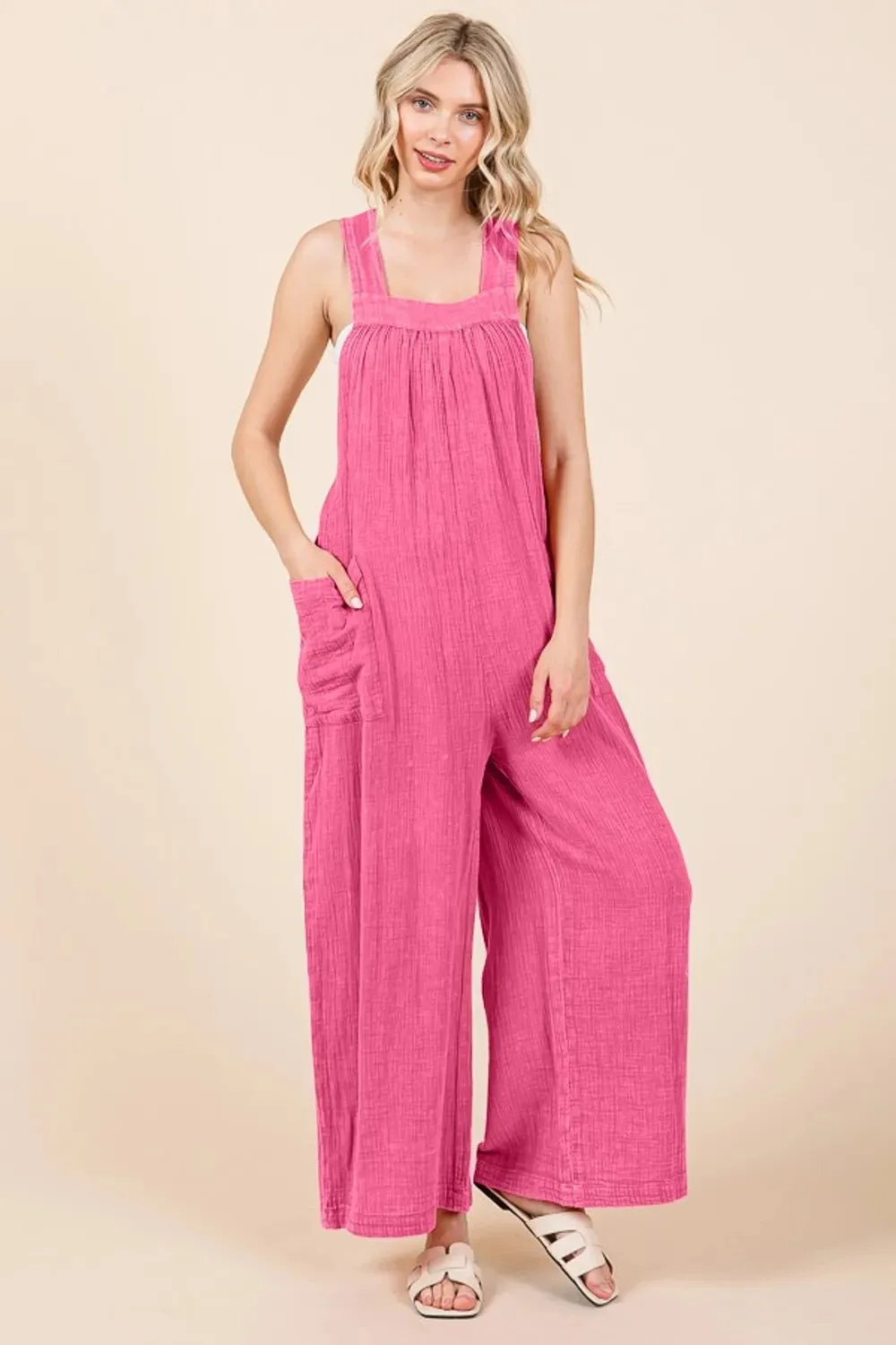 Culture Code Full Size Pocketed Sleeveless Wide Leg Overalls sold by Gigi Laurent